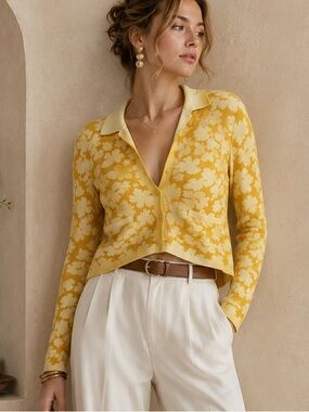 NEW Anthropologie V-Neck Button Up Yellow Floral Knit Cardigan ONLY Flower Power